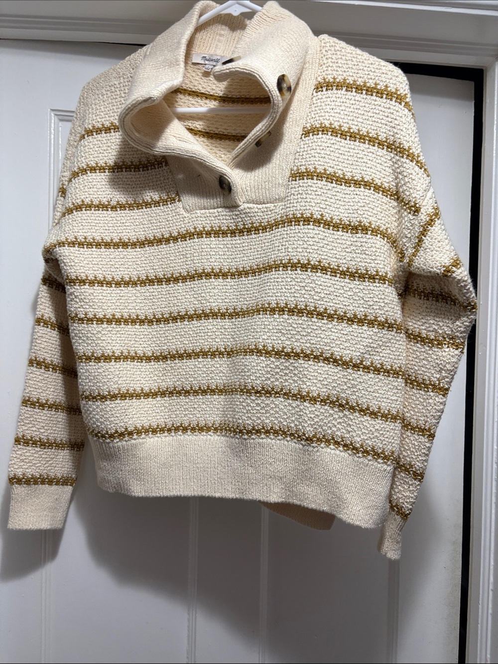 Cream Striped Button-Neck Sweater - Unbranded